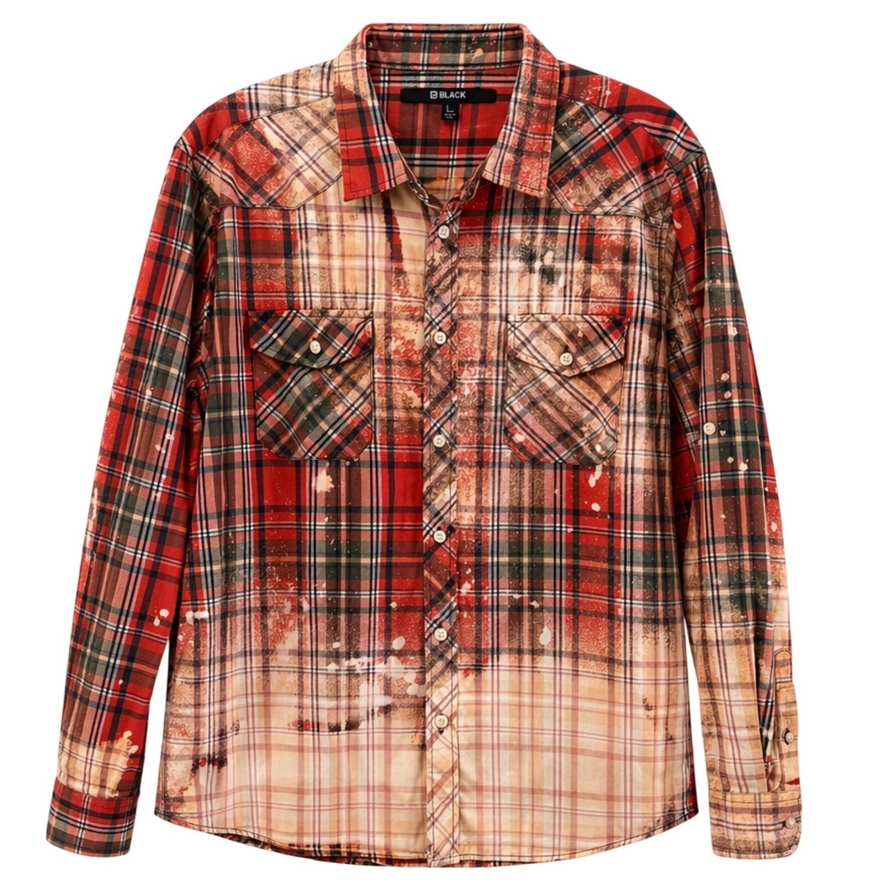 Rue21 Black Bleached Flannel Shirt Red Plaid Pumpkin Graphic Fall Top Womens L - Picture 2 of 9